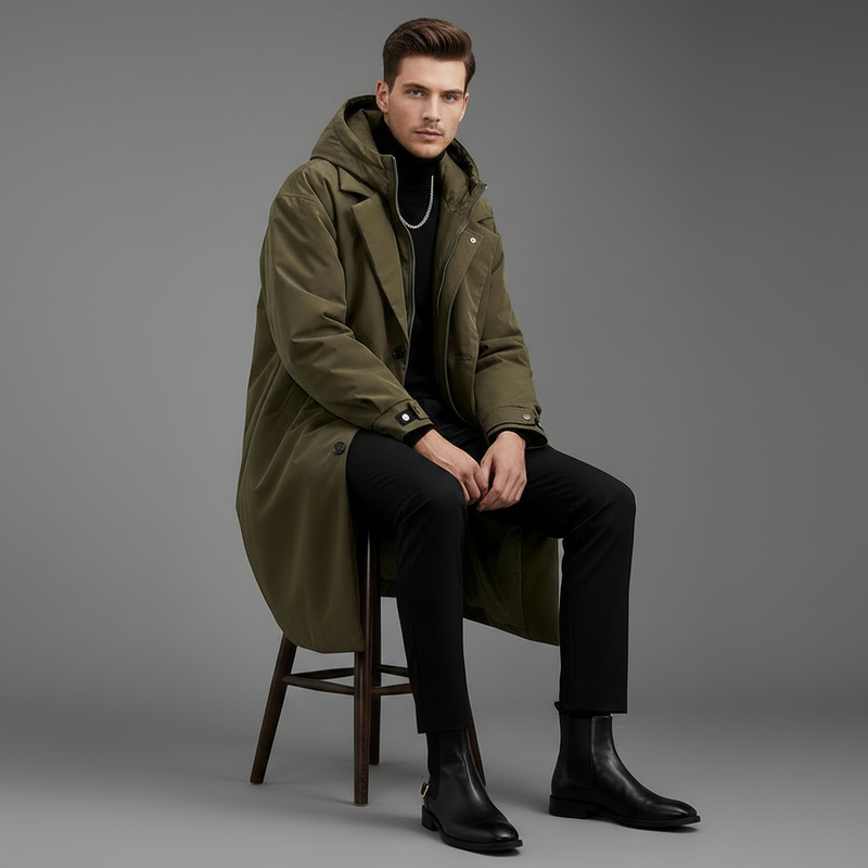 Men's Long Waterproof Puffer Trench Coat | Stylish Outerwear